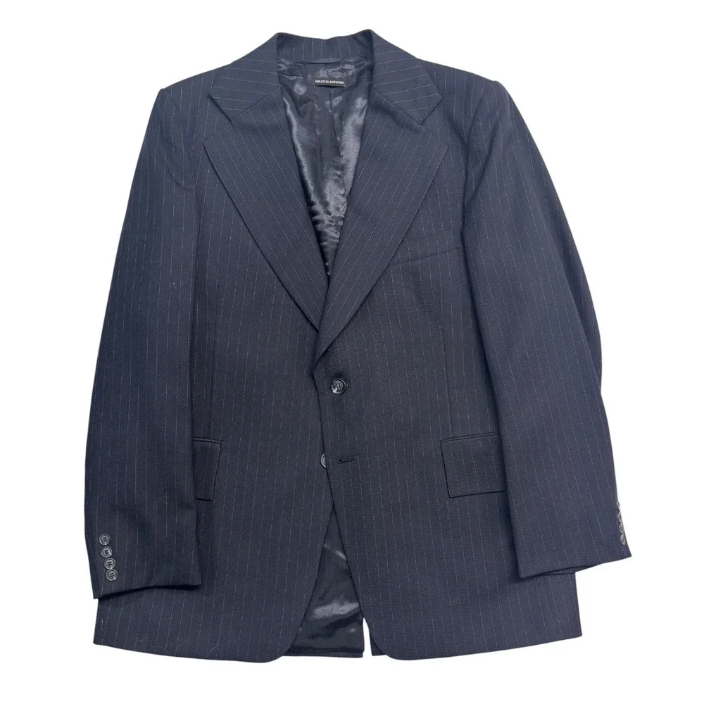 vtg 70s Navy Blue Pinstripe 40R 36x32 3pc Pant Suit Vest Wool USA Flare Leg